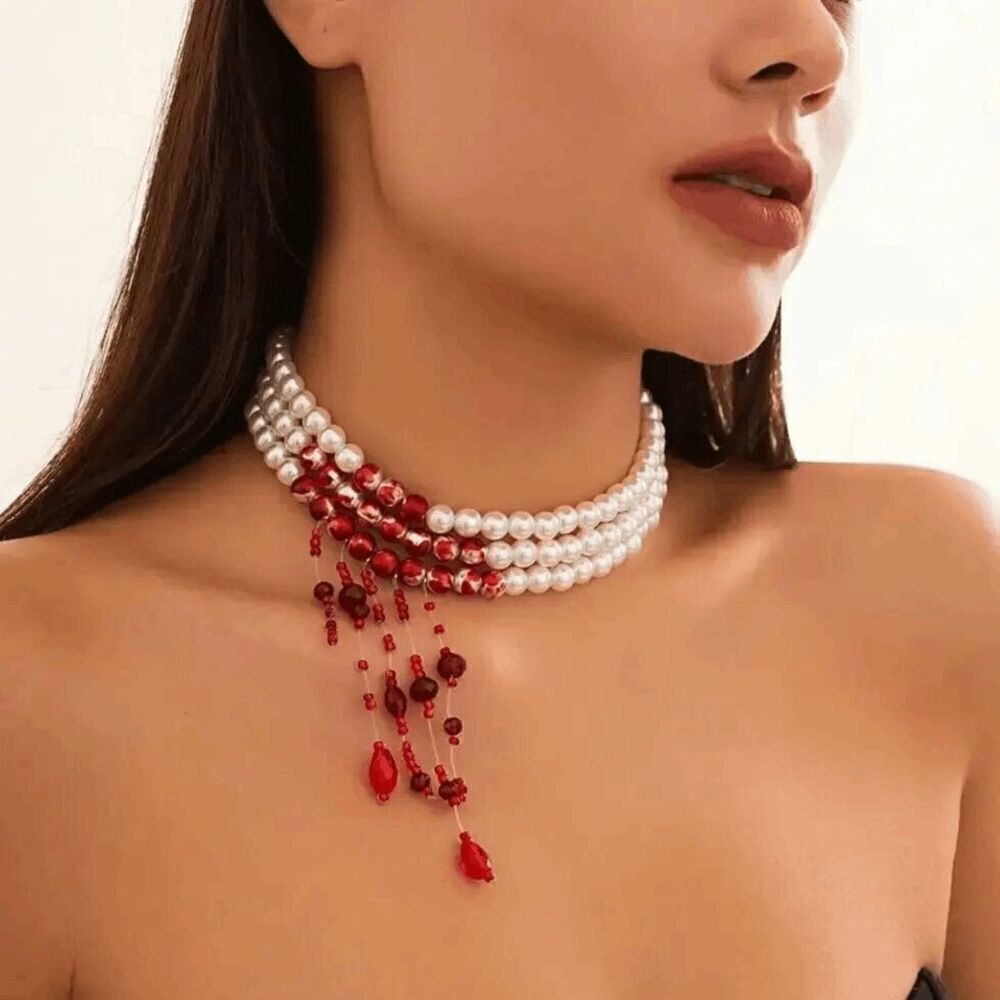 🩸 Goth Vampire Halloween Costume Dripping Blood Pearl Choker Necklace NEW